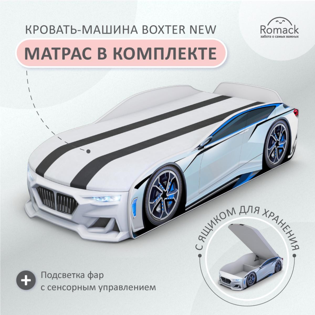 Кровать-машина Boxter-New белый с подсветкой фар, спальное место 170*70  Белый 170х70 — SitiRoom мебельный маркетплейс